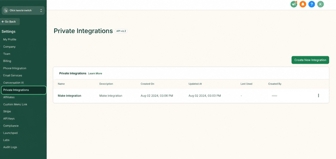 GoHighLevel Settings with Private Integrations selected and the Create New Integration button
