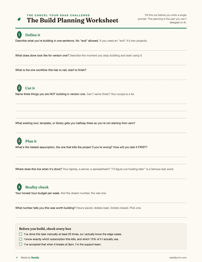Preview of the one page Build Planning Worksheet