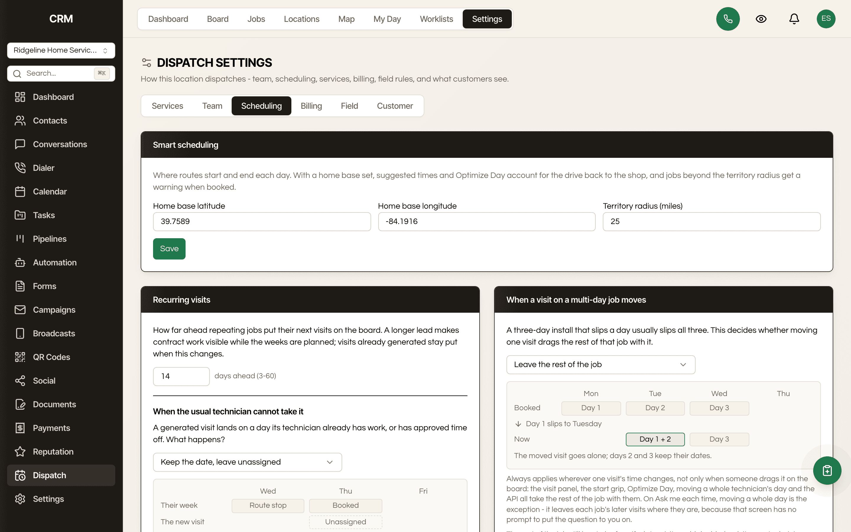 The recurring-visits setting: how far ahead repeating jobs put their next visits on the board.