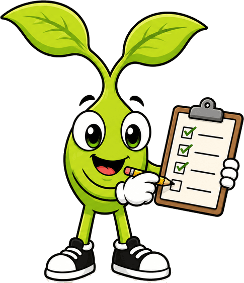 Sprout the Seedly mascot holding a checklist