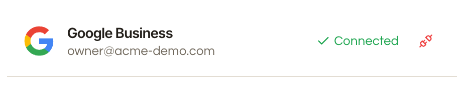 The Google Business card in Seedly Settings and Integrations, connected, showing the account email and a green Connected badge.
