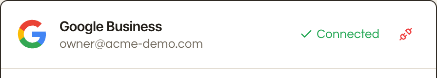 The Google Business card in Seedly Settings and Integrations, connected, showing the account email and a green Connected badge.