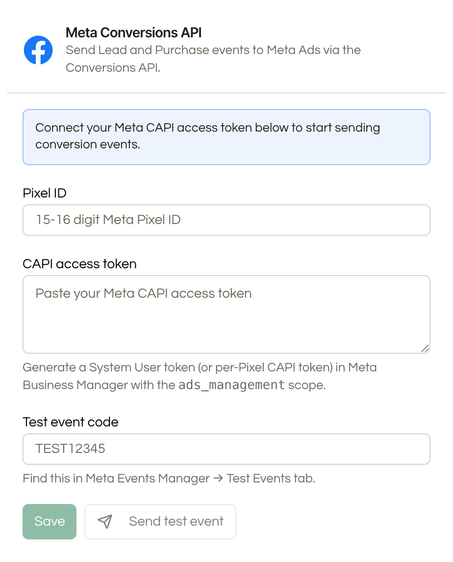 The Meta Conversions API card in Seedly, with fields for the Pixel ID, a CAPI access token, a test event code, and a Send test event button.