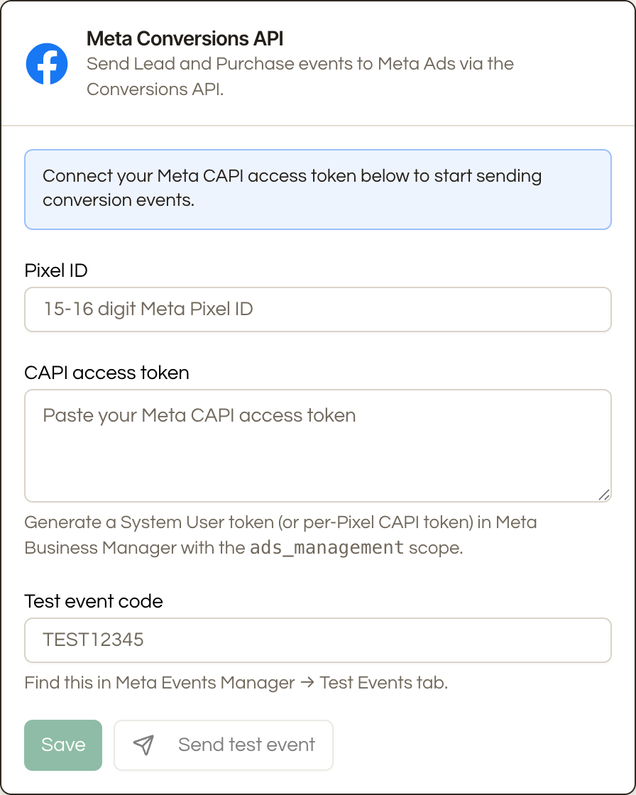 The Meta Conversions API card in Seedly, with fields for the Pixel ID, a CAPI access token, a test event code, and a Send test event button.
