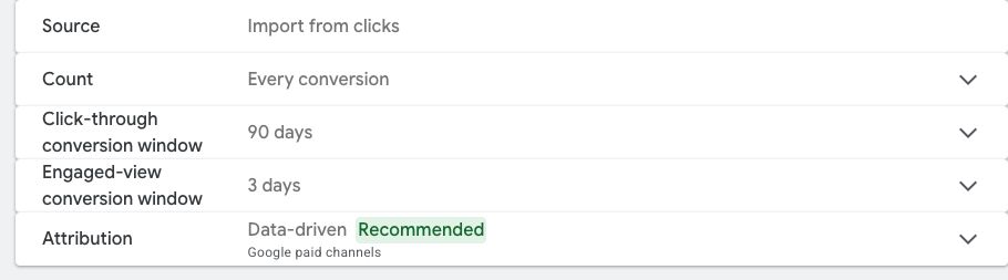 The settings panel of a Google Ads import conversion action, with Source reading Import from clicks, Count set to Every conversion, a 90 day click-through conversion window, and Data-driven attribution marked Recommended.