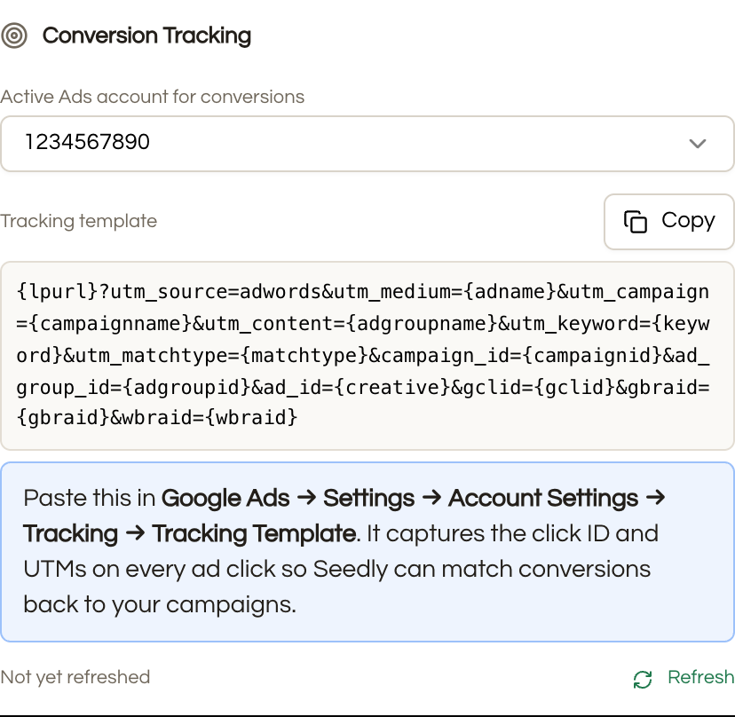 The Conversion Tracking section on Seedly's Google card, showing the tracking template in a code box with a Copy button and paste instructions for Google Ads.