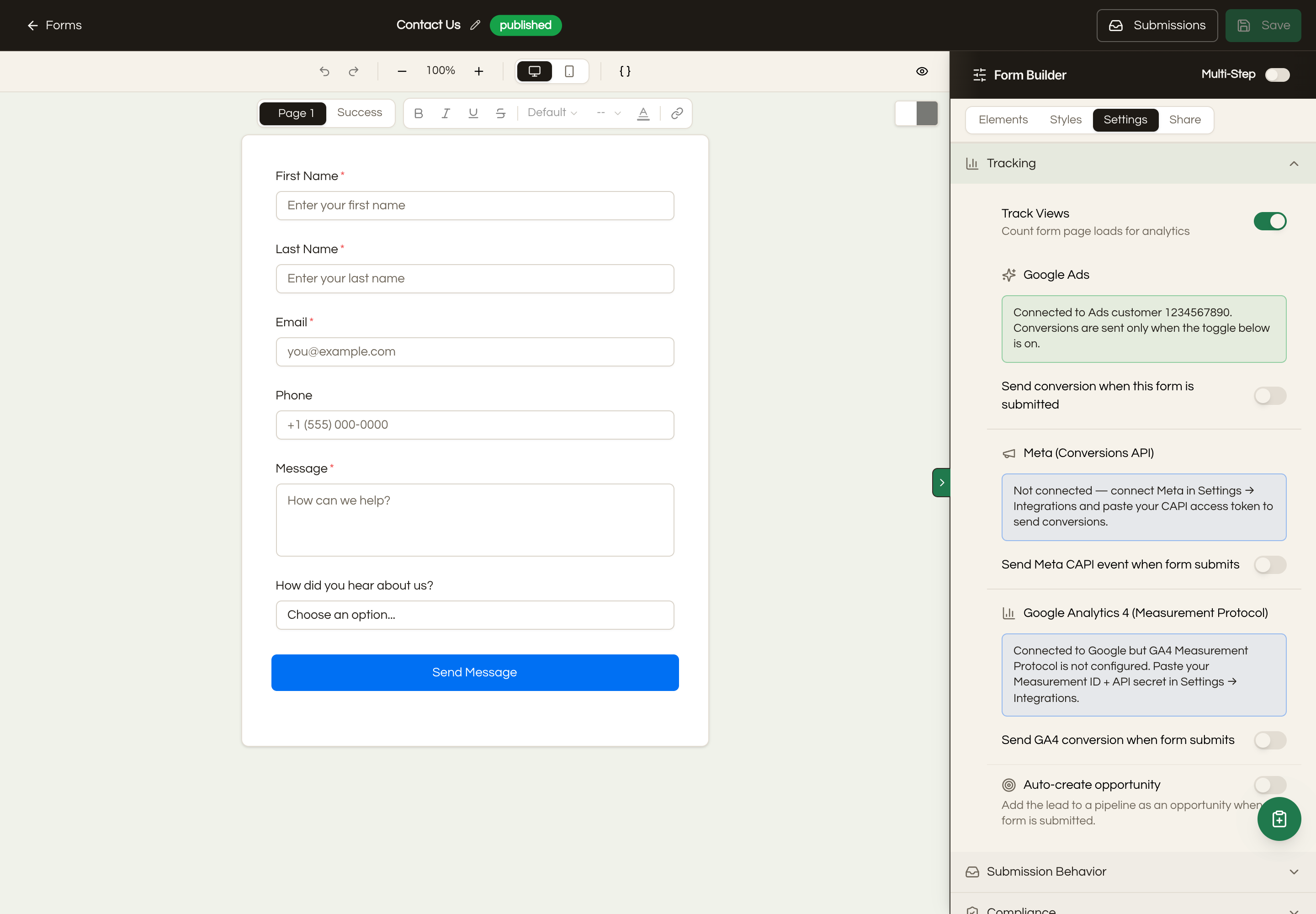 The form builder Settings tab in Seedly, Tracking section, with separate toggles for Google Ads, Meta Conversions API, and Google Analytics 4.