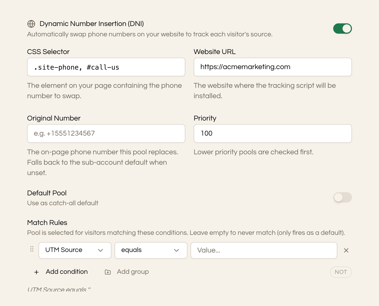 A Seedly tracking pool being configured, with dynamic number insertion on, a CSS selector, a Website URL, an Original Number, and visitor match rules.