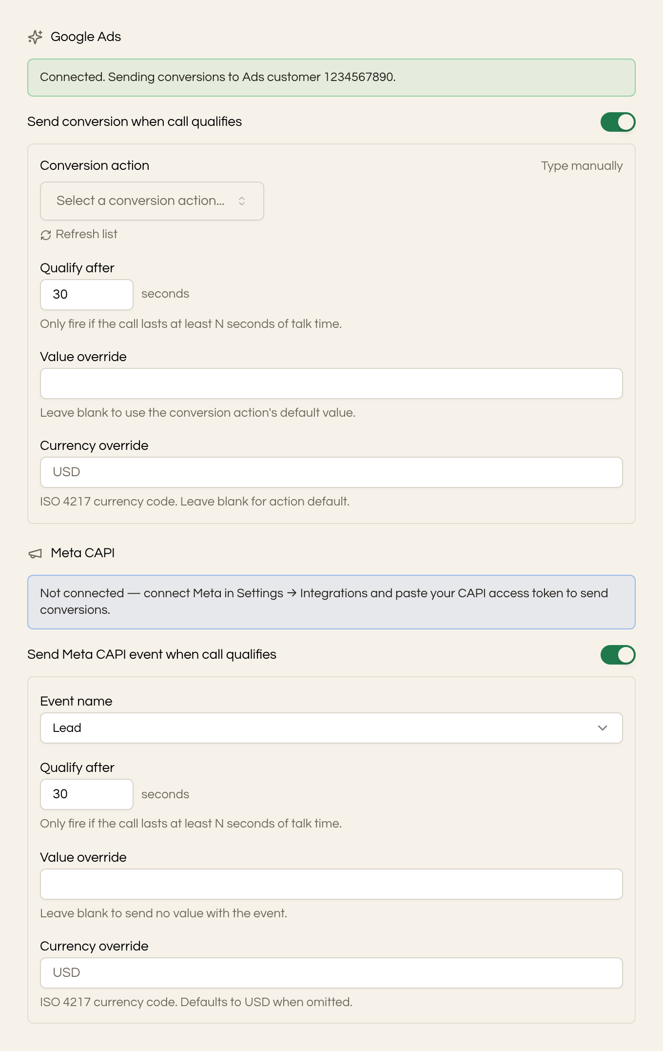 The tracking pool's Google Ads and Meta CAPI sections in Seedly, each with a Qualify after seconds field, a value override, and a currency override.