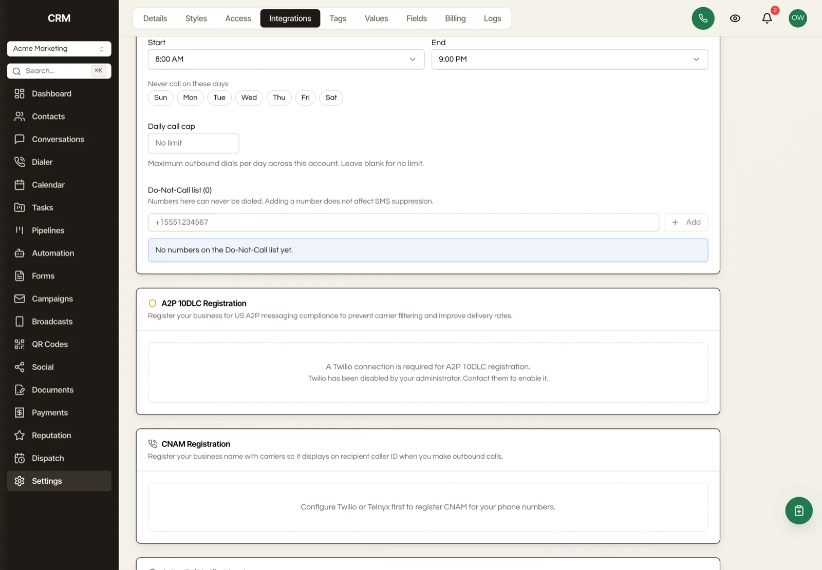 The Compliance sub-tab under Phone and Voice, showing Dialer Compliance settings above and the A2P 10DLC Registration card below, gated behind connecting a Twilio account first
