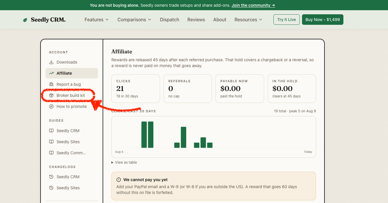The Seedly CRM account portal with the Broker build kit link highlighted in the left sidebar, sitting under Downloads, Affiliate, and Report a bug and above How to promote