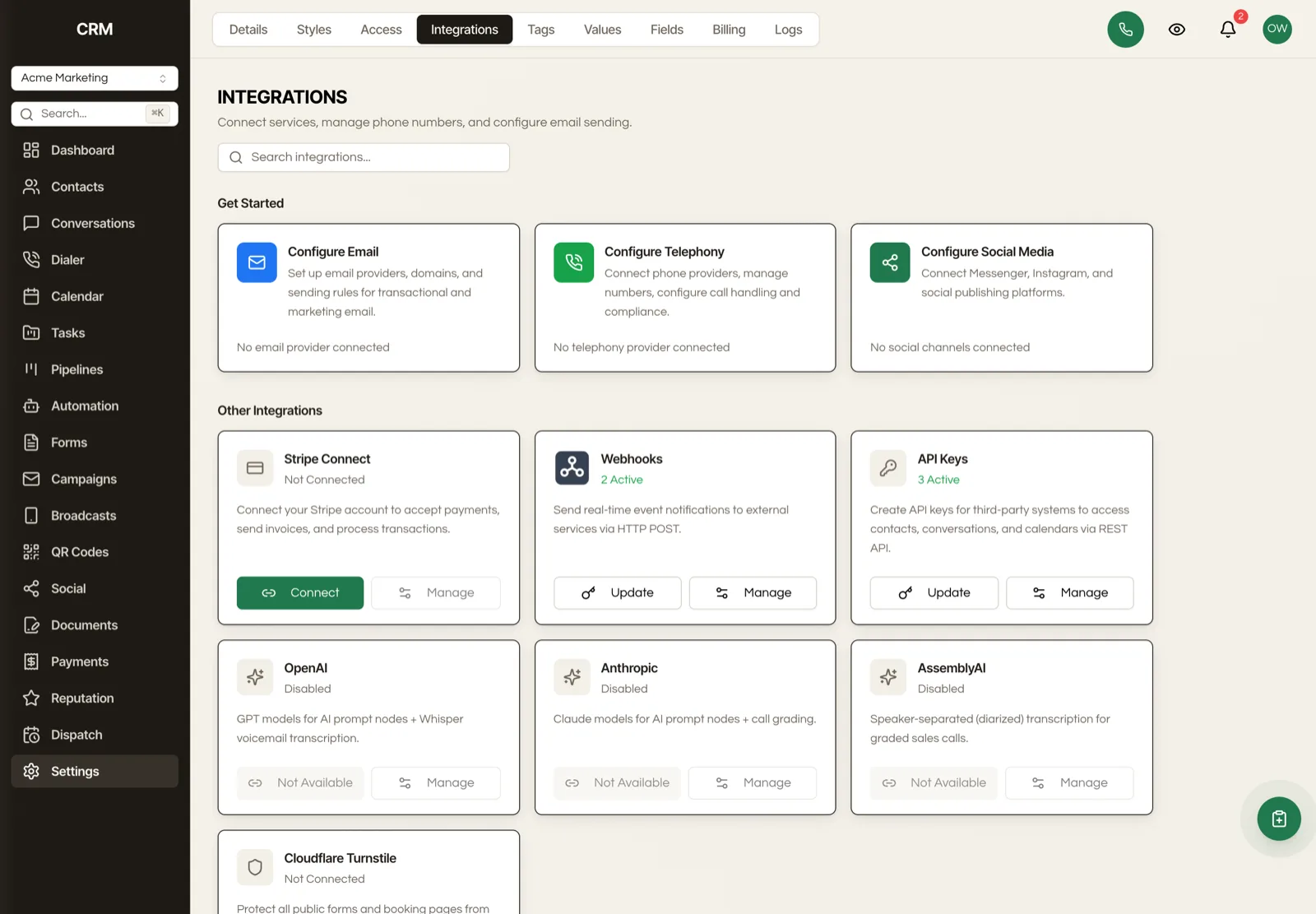 The Integrations page inside a Seedly CRM sub-account, showing the Configure Email, Configure Telephony and Configure Social Media cards on top with Stripe, Webhooks and API Keys underneath