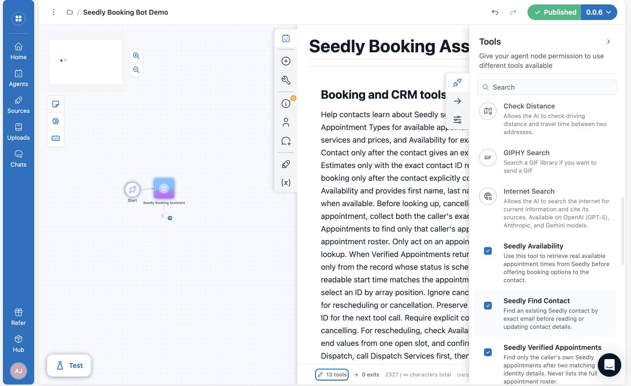 The agent node tool list showing thirteen tools bound, the twelve Seedly tools plus CloseBots own FAQ tool