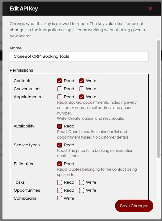 The API key permission matrix, with Appointments Read deliberately left unchecked