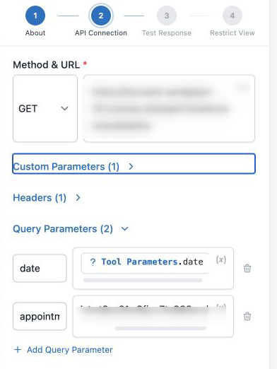 The CloseBot custom tool wizard on the API Connection step, showing method, URL, headers and query parameters