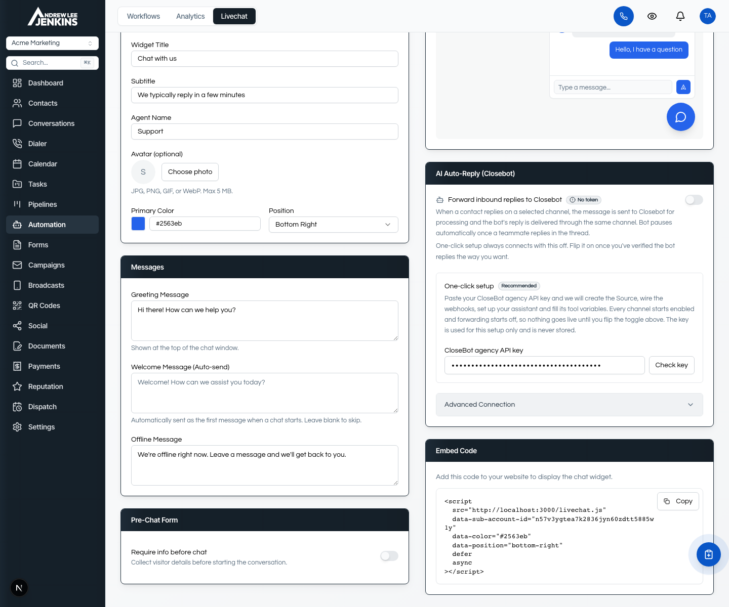 The AI Auto-Reply section on the Livechat settings page, with the one-click CloseBot setup panel and the agency key field masked
