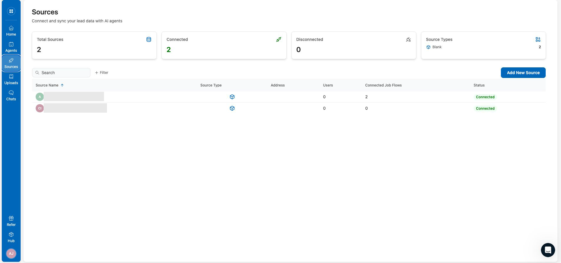 The CloseBot sources list showing connected sources and their job flow counts