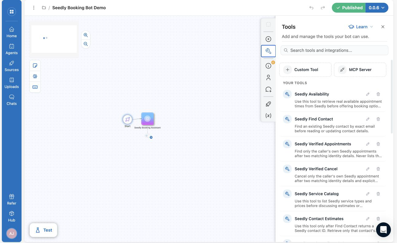 The CloseBot tool panel listing the Seedly custom tools, with the bot published at version 0.0.6