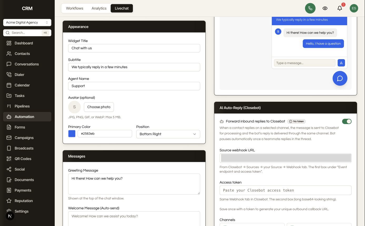 The CRM live chat settings with the AI Auto-Reply panel where the CloseBot source webhook URL and access token are pasted