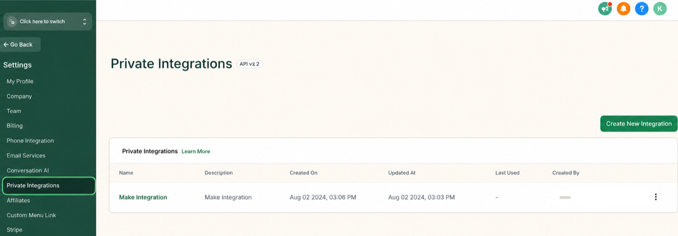 GoHighLevel Settings with Private Integrations selected and the Create New Integration button