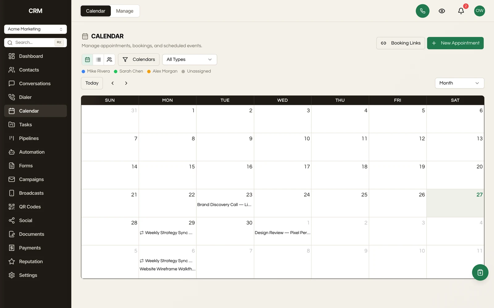 Appointments, types, and availability at a glance.