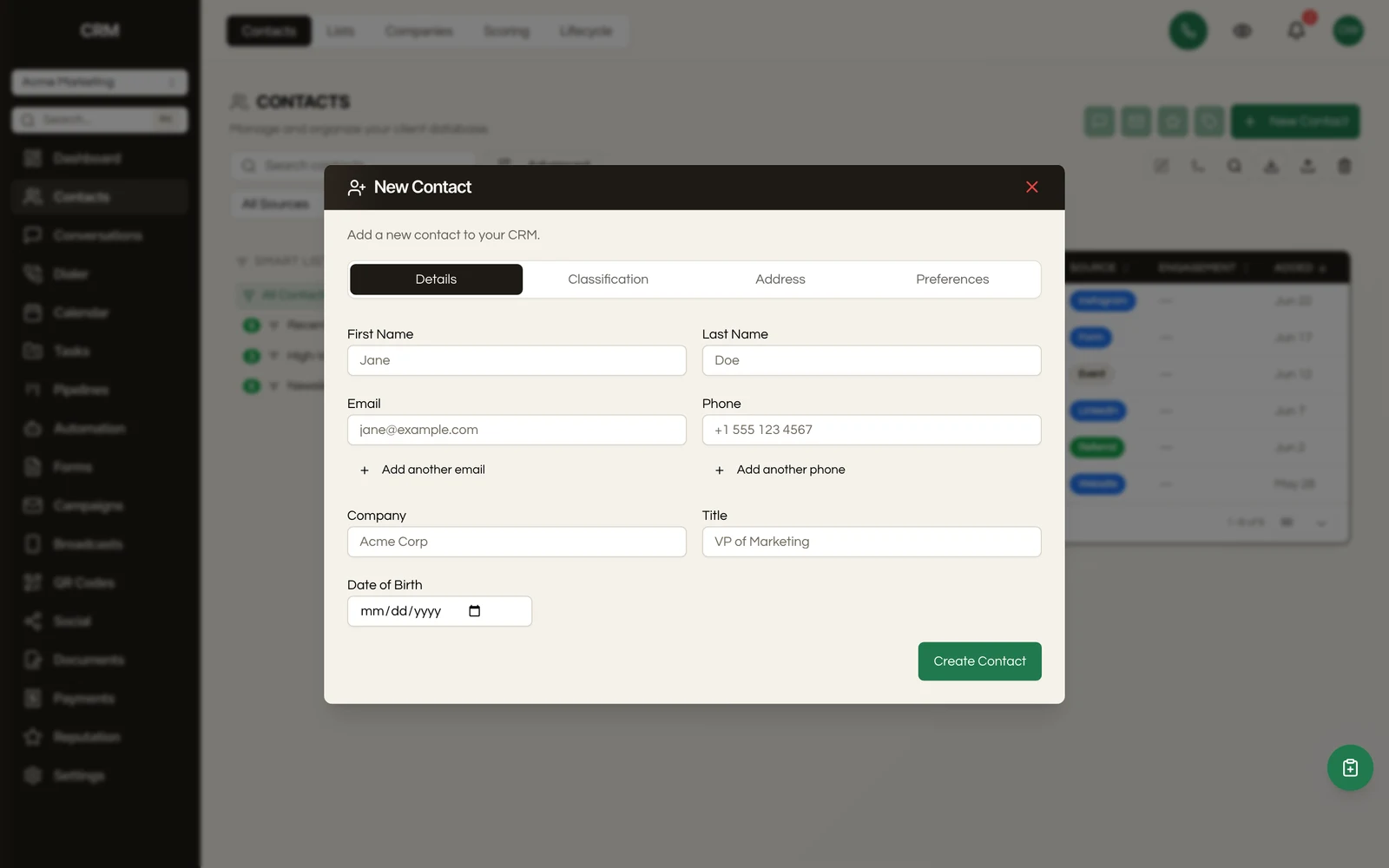 Add a contact, with custom fields right on the form.