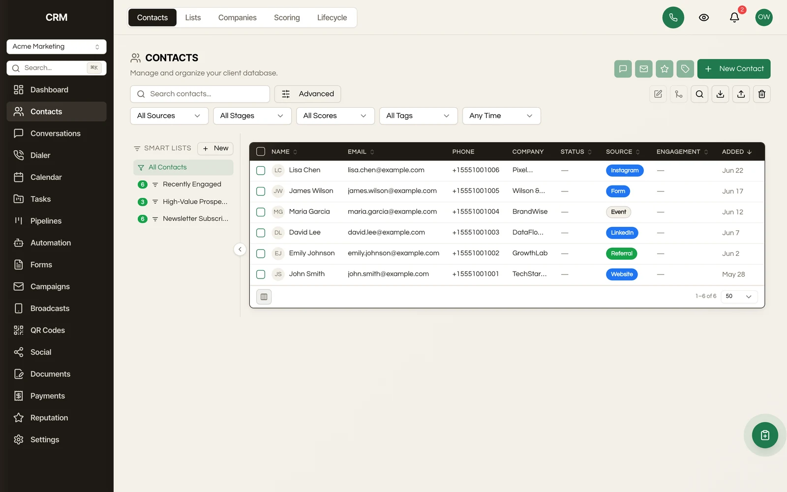 Your contact database with search, filters, tags, and engagement at a glance.