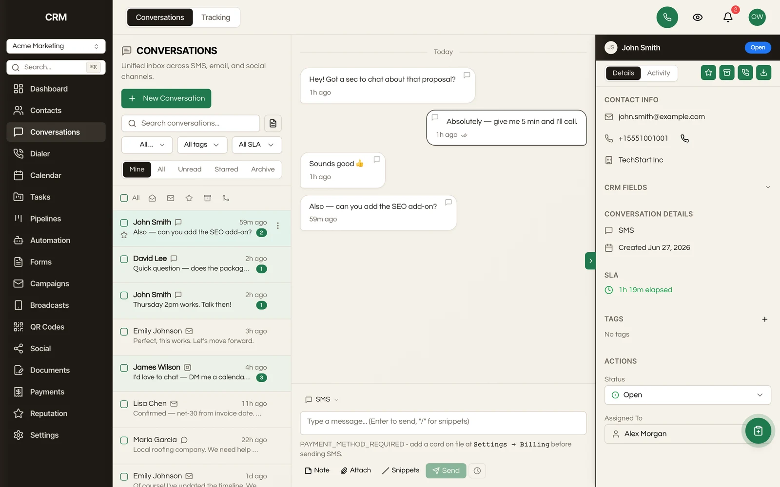 The unified inbox: every channel, the live message thread, and the contact sidebar in one view.