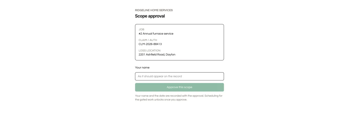 The adjuster approval page: shop, job, claim reference, loss location, a name field and one Approve button.
