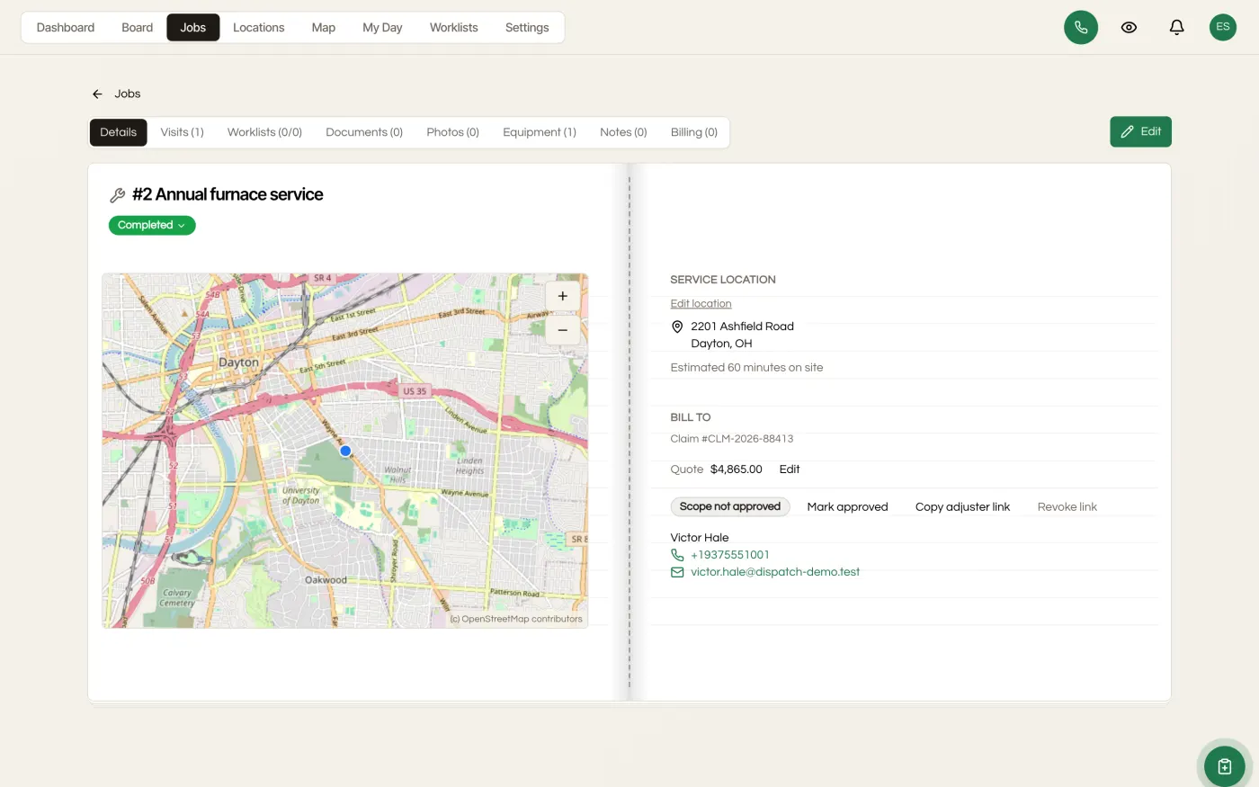 A job page showing the service location, the bill-to, visits, equipment and photos together.