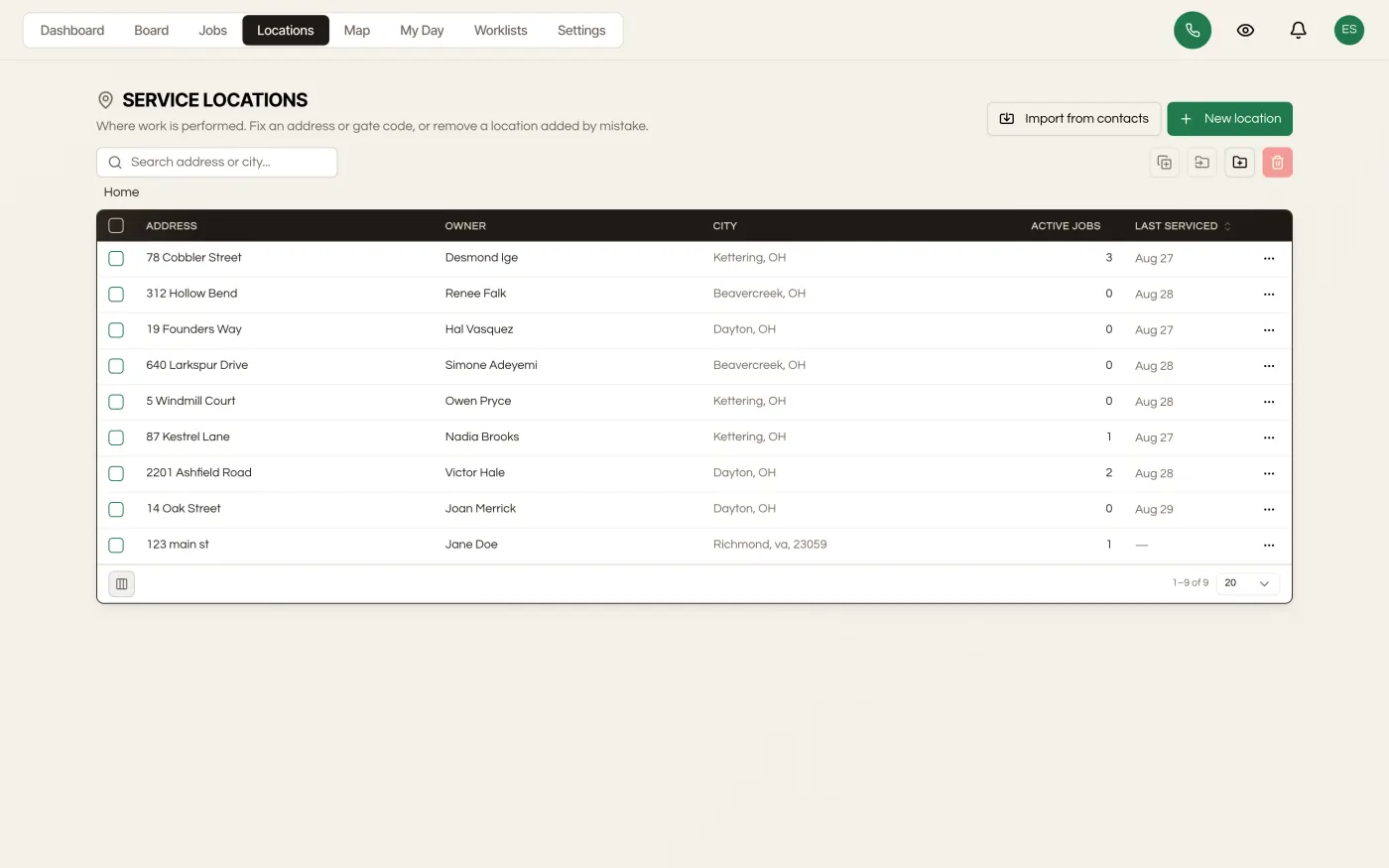 The locations page: every building with its active jobs and when it was last serviced.
