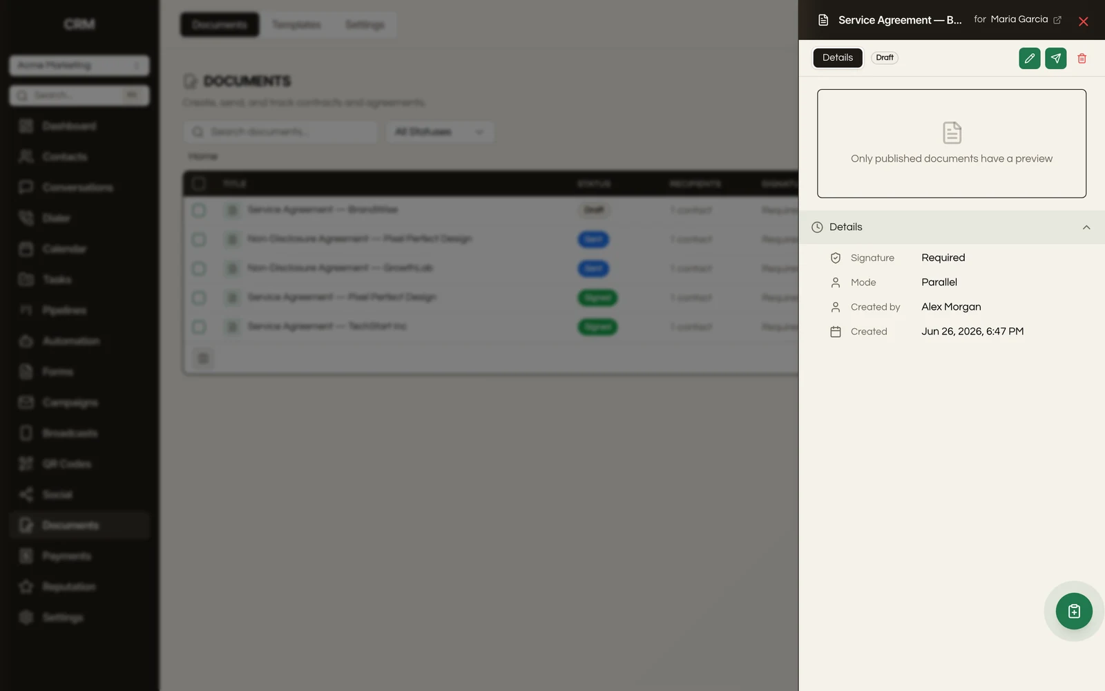 Open any document to see its status, fields, and activity.