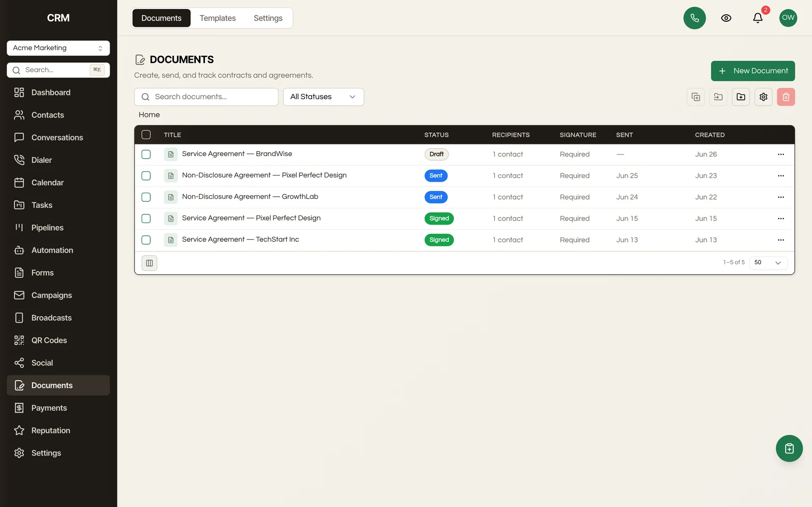 Document templates and sent contracts with their status.