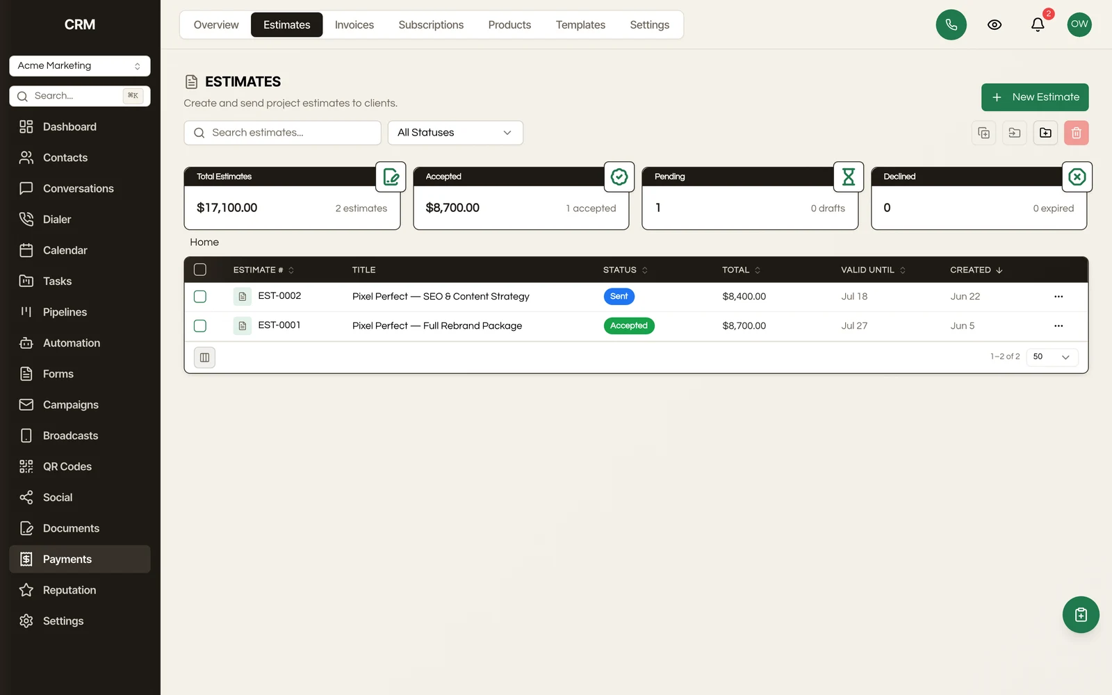 Estimates use the same builder as invoices and convert to one in a click.
