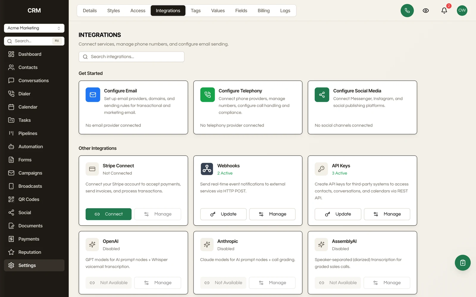 Connect email, telephony, social, payments, webhooks, and AI providers.