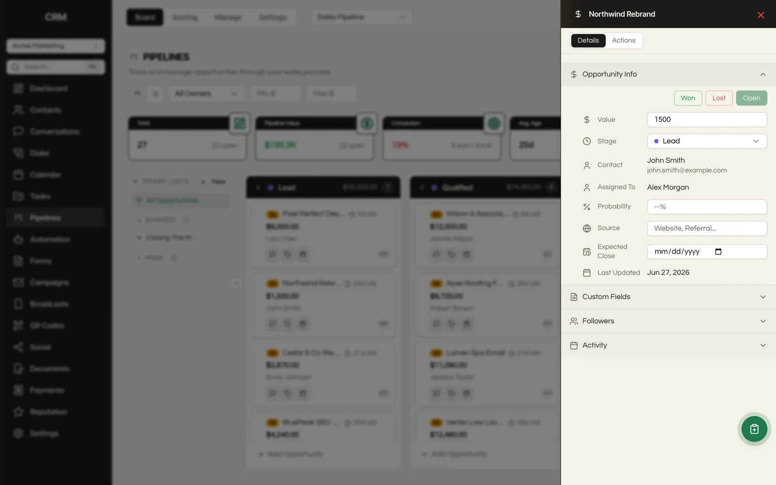 Open any deal to edit its value, stage, contact, owner, and win/loss outcome.