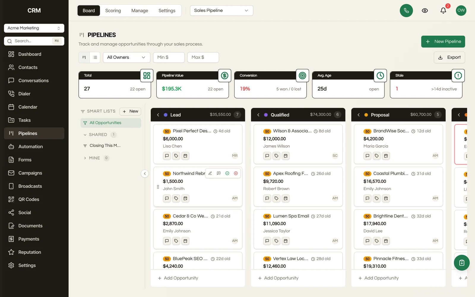 Drag deals across stages on the visual kanban board, with totals per stage.