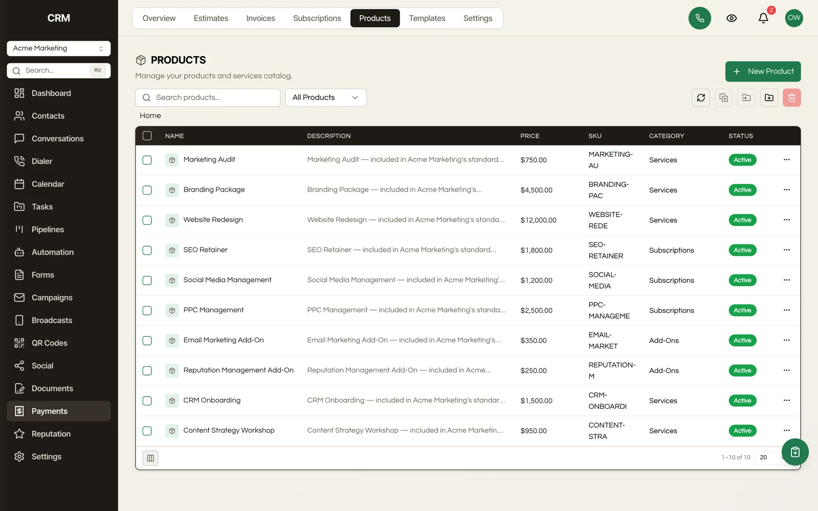 A reusable catalog of products and services with set prices and tax.
