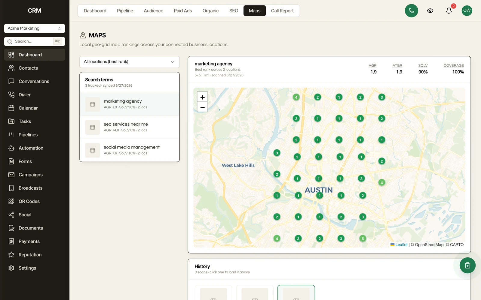 Filter any dashboard, like this local map-rank grid, by date and location.