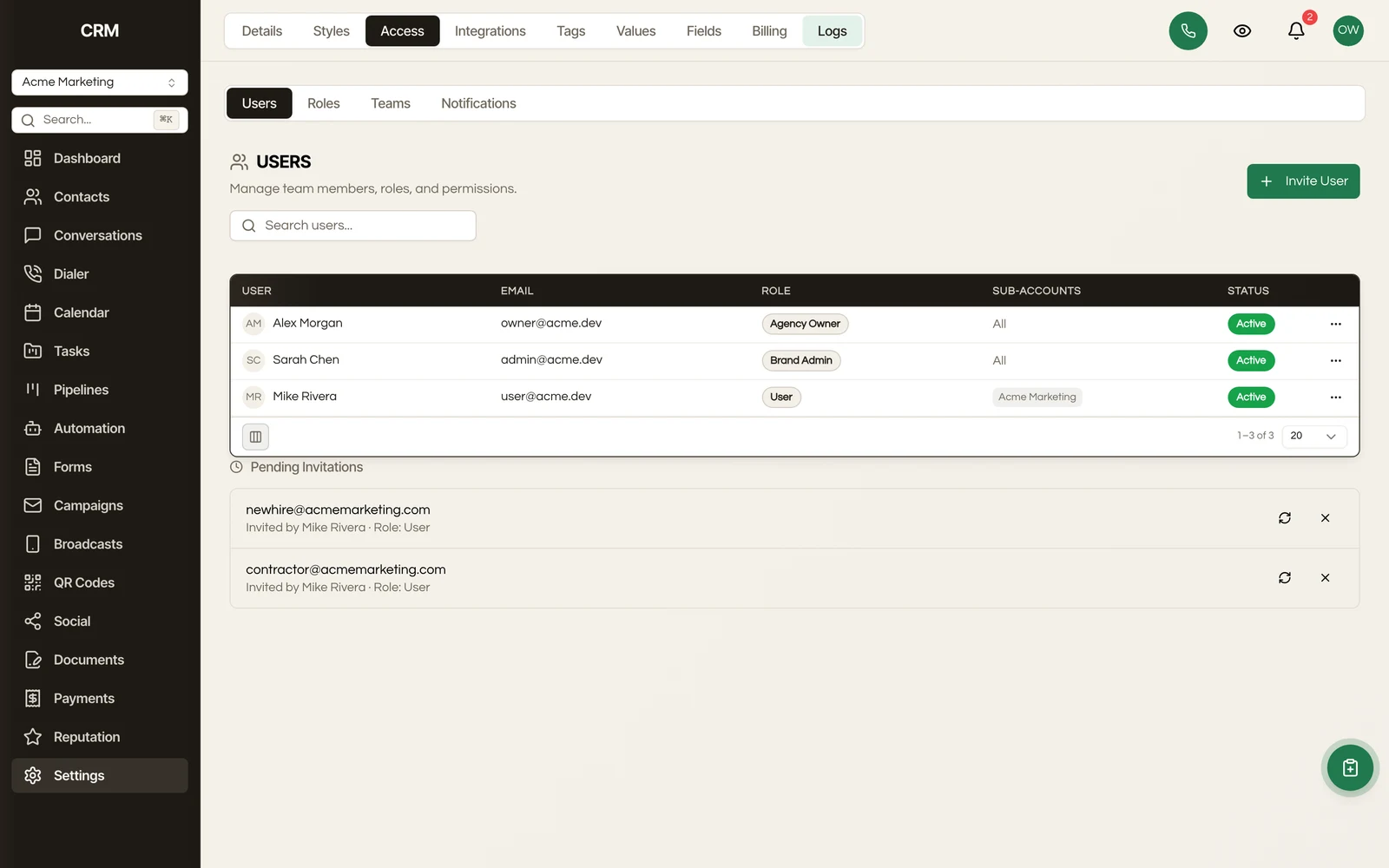 Manage team members, roles, and permissions.