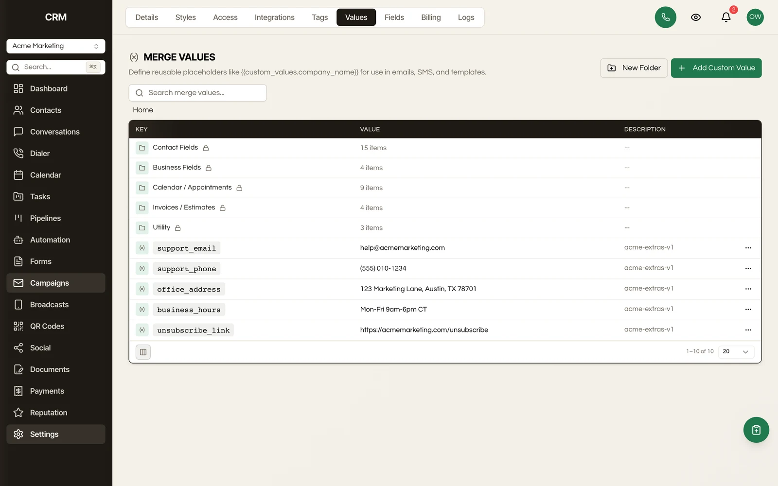 Reusable merge values for templates and workflows.