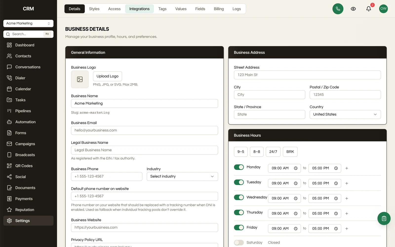 Location settings: business details, hours, branding, and preferences.
