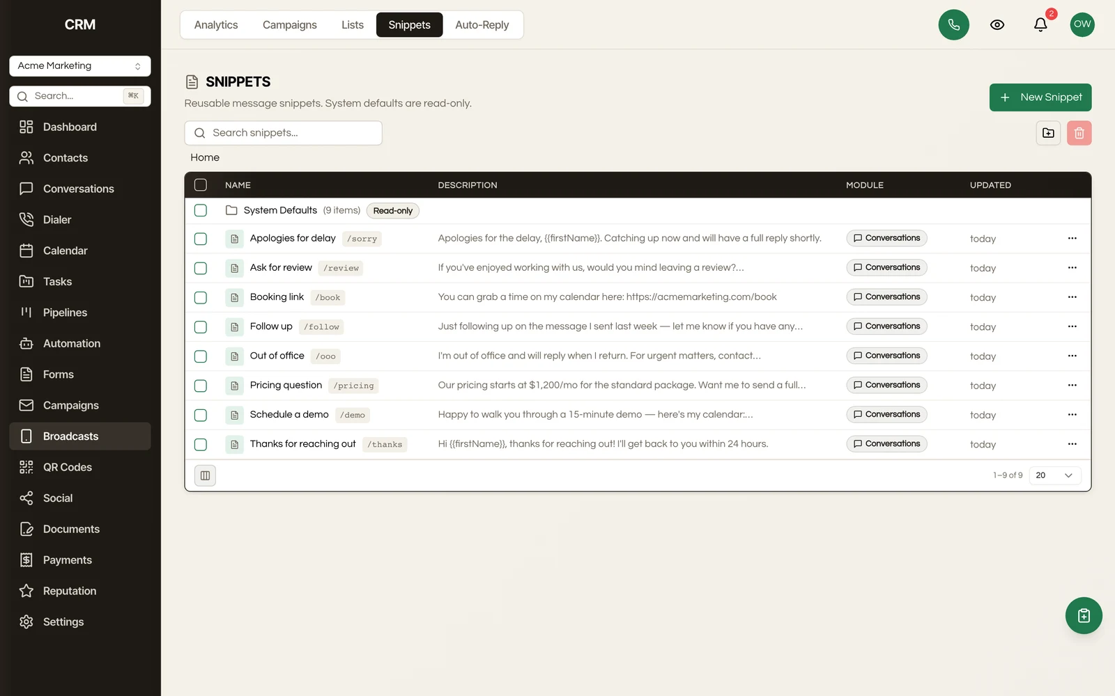 Save and reuse SMS templates with merge fields and quick snippets.