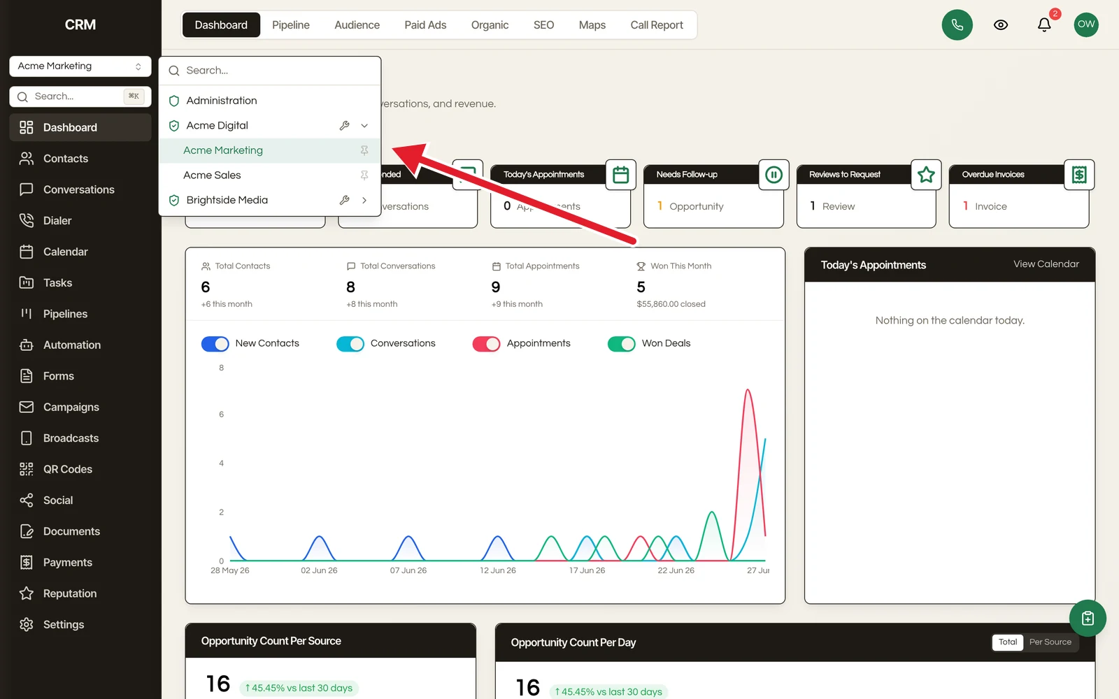 Switch between client sub-accounts from the account switcher (red arrow).