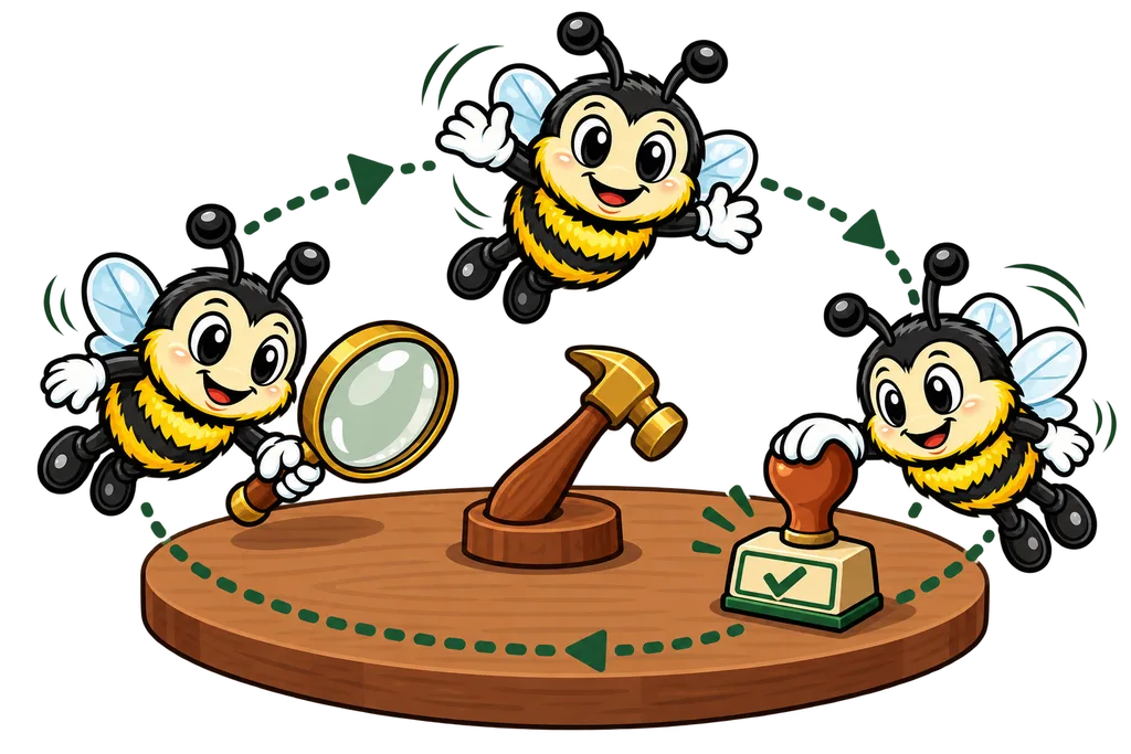 Buzz flies in a loop past a magnifying glass, a hammer and a check mark stamp