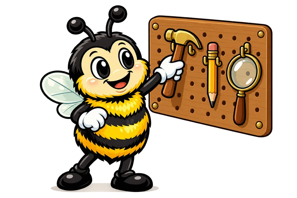 Buzz reaches for the right tool on a pegboard holding a magnifying glass, pencil and hammer