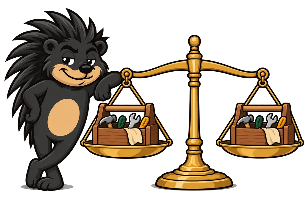 Pixl stands by a level brass scale holding two similar wooden toolboxes