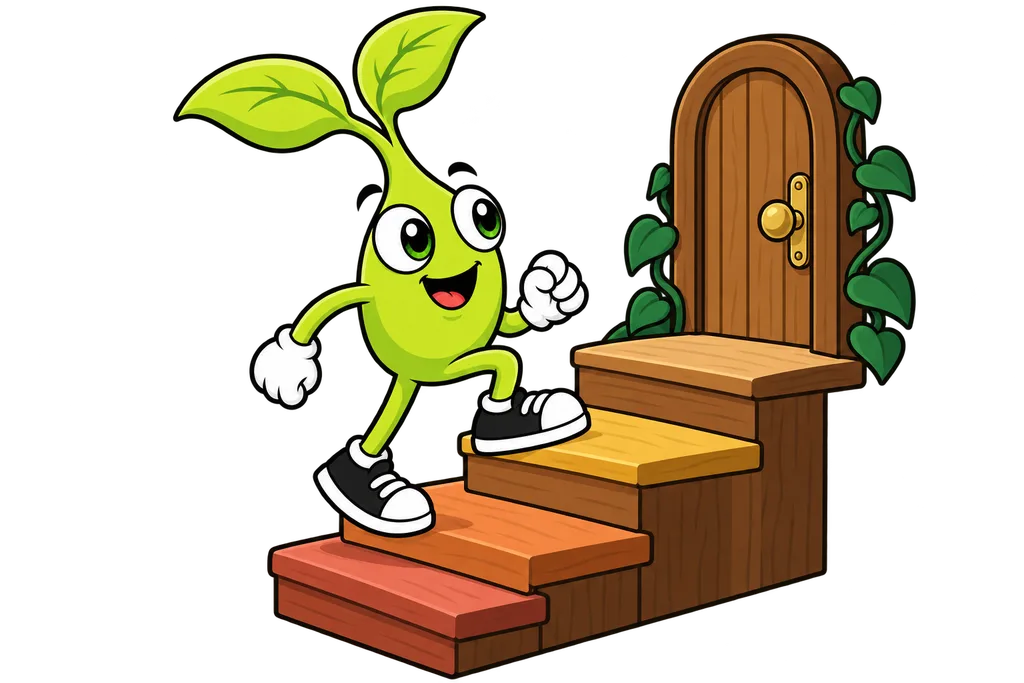 Sprout climbs four colourful wooden steps toward a small door with a brass handle