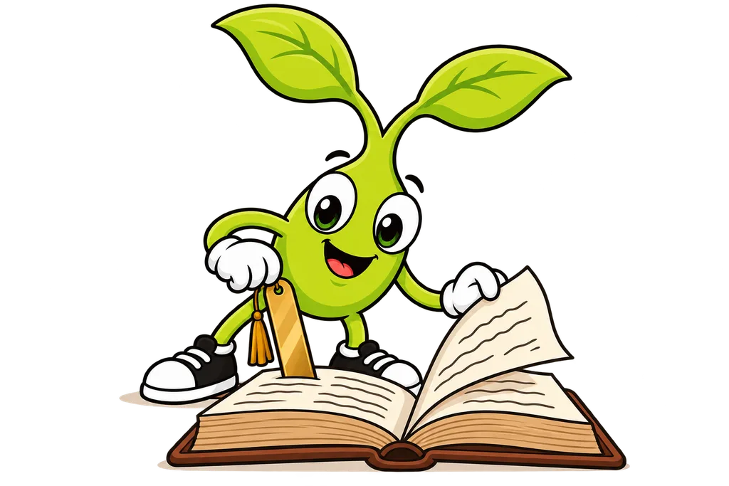 Sprout places a brass bookmark in an open book before turning the page