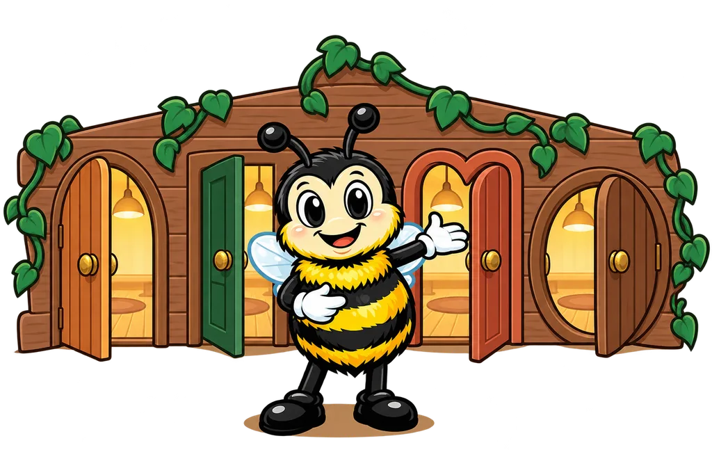 Buzz stands before four different little doors that all glow with the same amber light